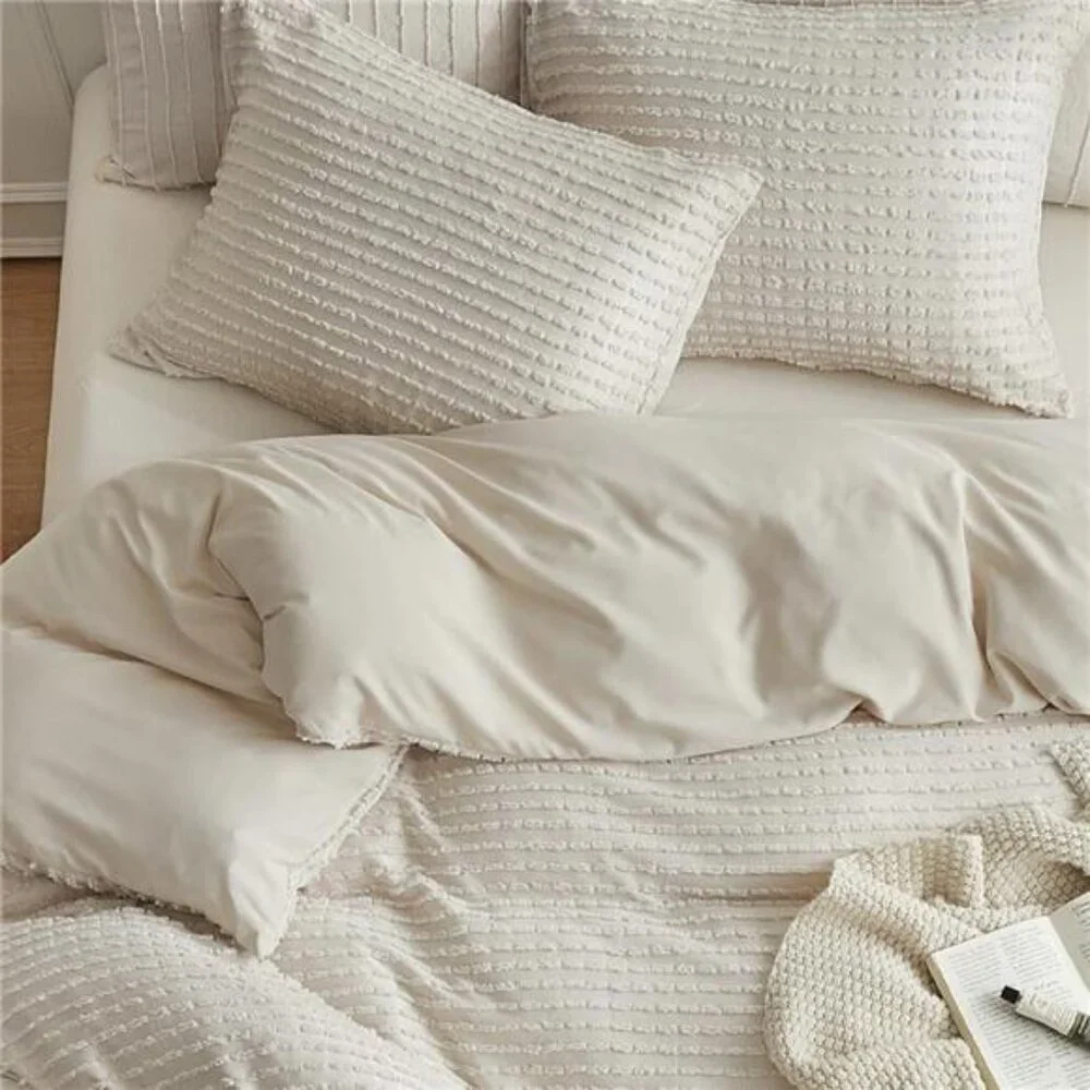 NEW Anthro Beige Boho Queen / King Size Tufted Fringe Bedding Duvet & Sham Set